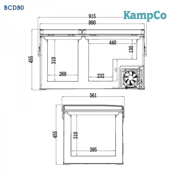 KampCo BCD80 78L Dual Compartment Car Fridge/Freezer 12V, AC