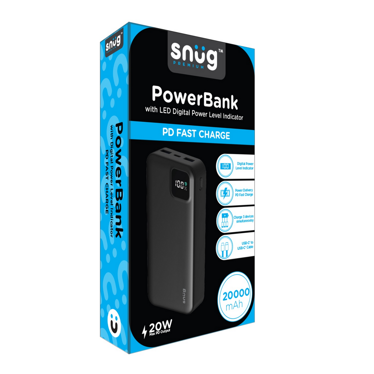 Snug 20000mAh Square Digital Display PD Powerbank (Black)